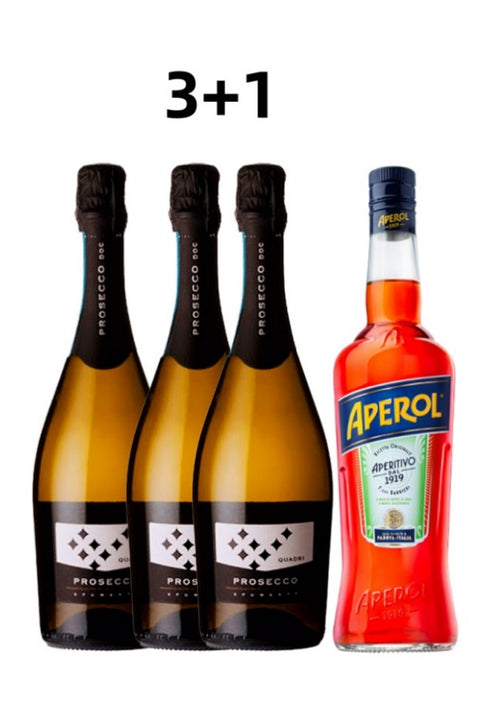 Aperol Spritz 4 Pack Bundle Deal: 3 Quadri Prosecco DOC 750ml + 1 Bottle Aperol Aperitivo 1L