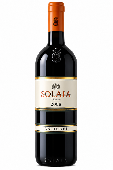 A bottle of Solaia Antinori red wine, featuring a dark glass bottle with a cream-colored label, gold accents, and an orange foil capsule at the neck, set against a plain white background.