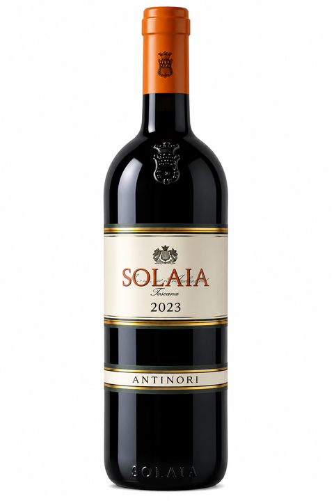 A bottle of Solaia Antinori red wine from the Savory region, featuring a dark glass bottle with a cream-colored label, gold accents, and an orange foil cap, set against a plain white background.