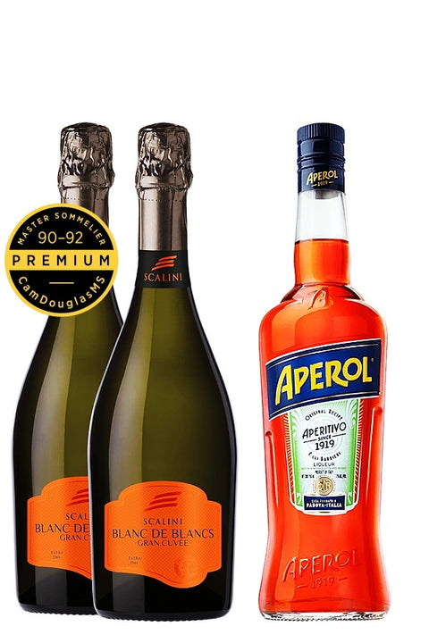 A bottle of Aperol Aperitivo 1935 alongside two bottles of Scalini Blanc de Blancs Grand Cru, with a gold Besten-Sonnweiler 1992-93 Premium Sambdougla's seal on the left.