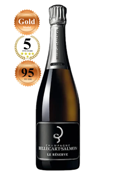 A bottle of Billecart-Salmon Champagne Le Réserve on a white background, featuring three gold award seals on the left highlighting its medals, five-star rating, and 95 score.