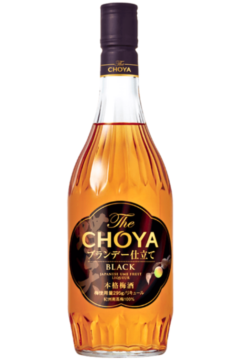 A bottle of Choya Black Impotent Wine Fruit Japanese sake, featuring a clear glass bottle filled with amber-colored liquid, a black ribbed cap, and a black and gold label.