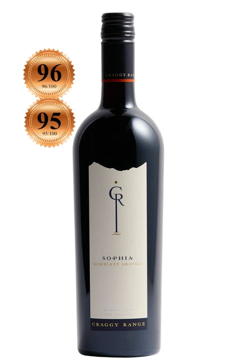 A bottle of Craggy Range Sophia Pinot Noir Red wine with two gold quality seals on the left, set against a plain white background.