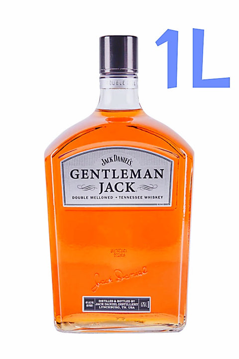 A 1L bottle of Jack Daniel's Gentleman Jack Double Melonaded Tennessee Whiskey, showing the amber liquid through a clear glass bottle with a black cap and silver label, on a white background with a blue '1L' text overlay.