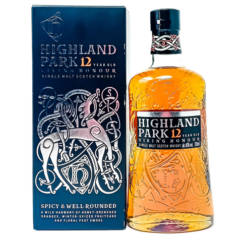 Highland Park 12-year-old single malt Scotch whisky bottle and packaging on a white background