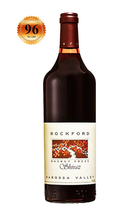 A bottle of Rockford Barossa Valley Shiraz with a cream label and a gold 96 score badge overlay in the top left corner, set against a plain white background.