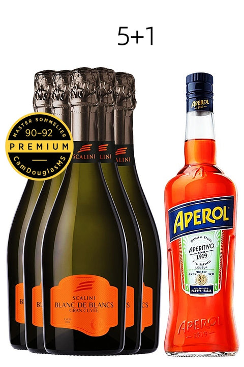 A bottle of Aperol Aperitivo 1919 alongside four bottles of Scaliñi Linee Blanc de Blancs Gran Clâve sparkling wine, with a gold Certiàn d'Authenticité Champagne seal and a '5+1' text overlay on a white background.