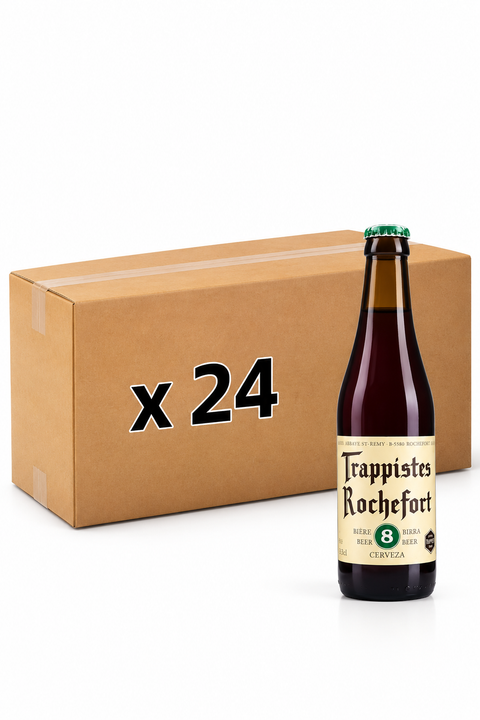 Trappistes Rochefort 8 Belgian Trappist Beer 24 Pack, featuring a 330ml Rochefort 8 bottle with a green cap and cream label alongside a cardboard carton marked x24.