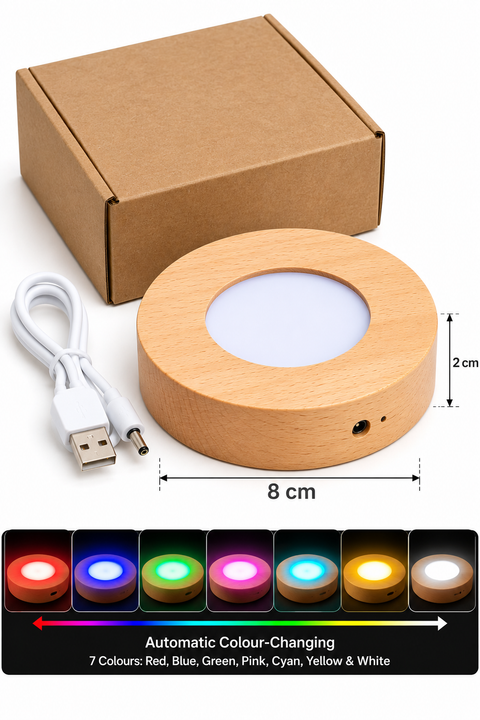 Rainbow Colour Rechargeable LED Wooden Light Base 8cm with Seven LED Light Colours for Cocktail Displays