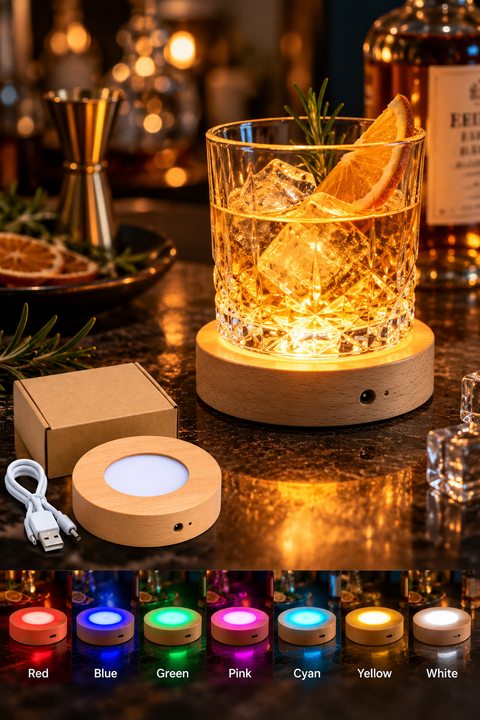 A round wooden LED cocktail light base shown on a bar counter with a lit amber drink in a textured tumbler, plus the light unit and charging cable displayed separately. A row of color options along the bottom shows the light emitting red, blue, green, pink, cyan, yellow, and white light.