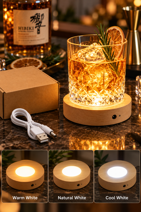 A USB-powered wooden bar light shown glowing under a drinking glass on a bar counter, with a USB cable and a kraft box beside it. Three inset panels at the bottom show the light emitting Warm White, Natural White, and Cool White light.